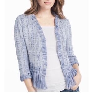 White House Black Market Blue Ribbon Fringe Open Front Cardigan Sweater XS